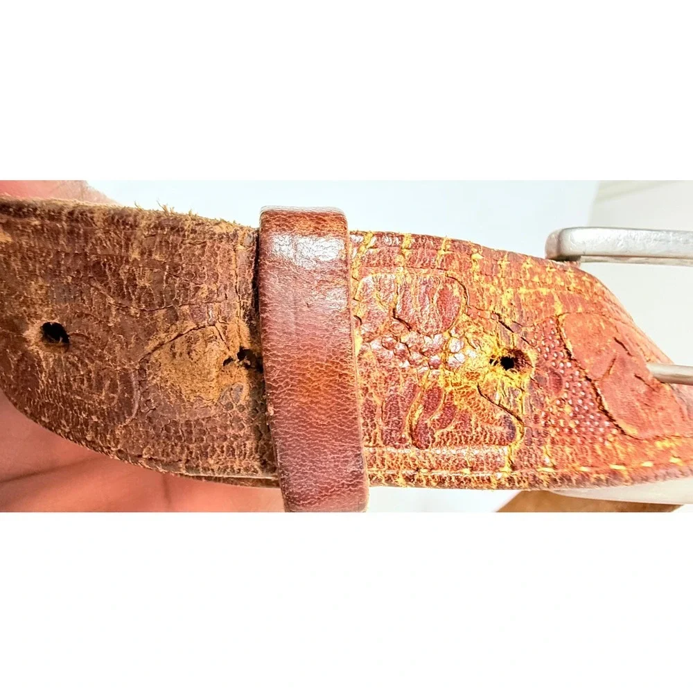 Vintage Embossed Leather Belt Brown Western Tooled Distressed Size 38